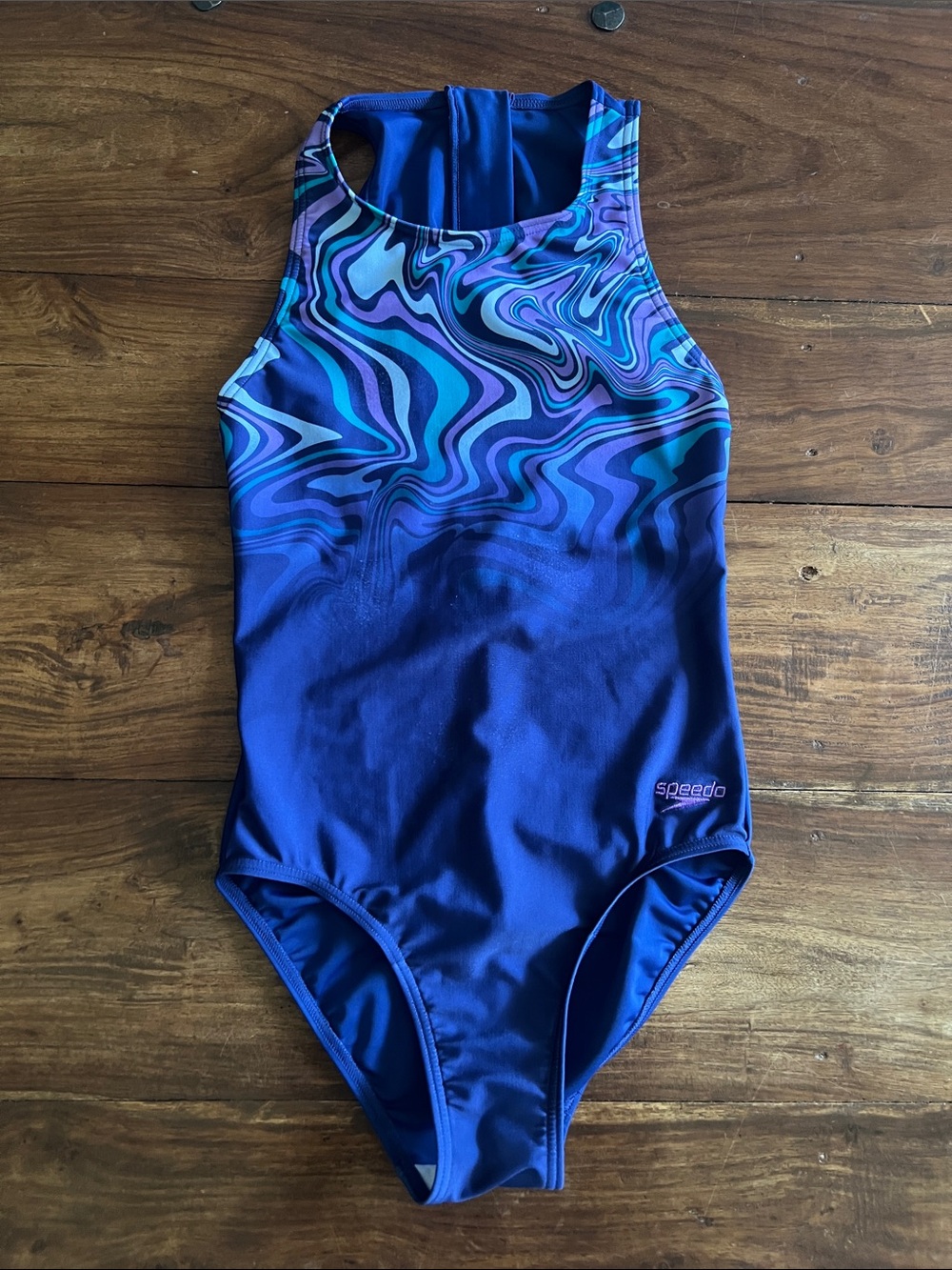 Speedo Blue One-Piece Swimsuit with Teal & Purple Swirl